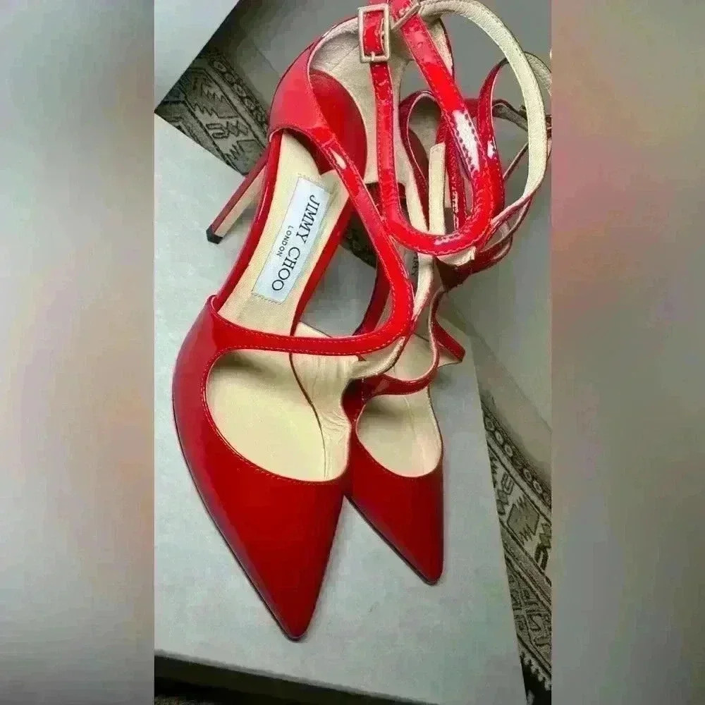 Jimmy Choo - Lancer Stiletto Red Patent Leather Pumps - 38 - Picture 3 of 10